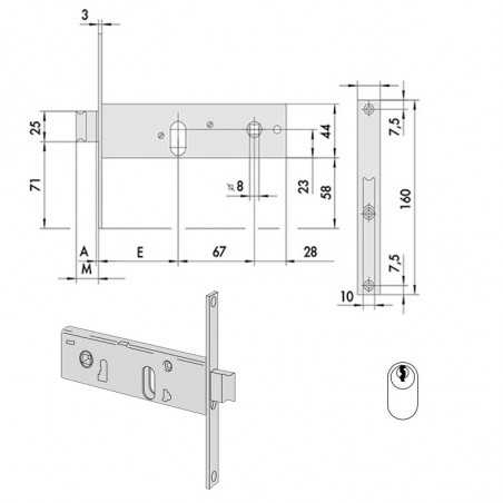Serrure encastrée Cisa 44150 cylindre oval