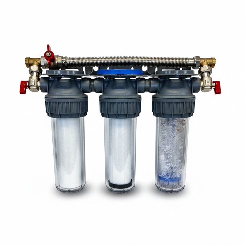 Station filtration calcaire, charbon actif et sédiment Aquapro avec bypass Station filtration calcaire, charbon actif et sédiment Aquapro avec bypass